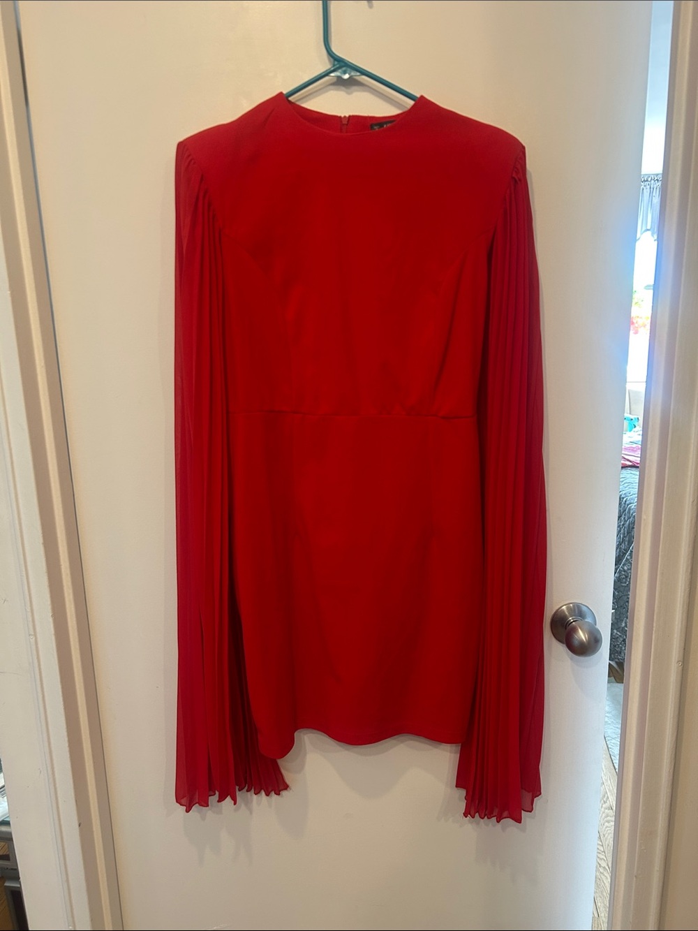 Red Pleated-Sleeve Women's Dress